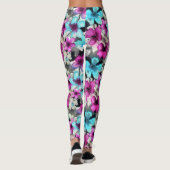 Blauw roze witte zwarte Waterverf bloemen patroon Leggings (Achterkant)