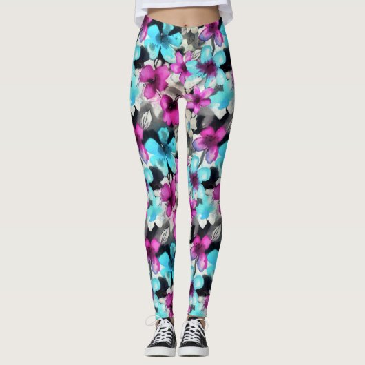 Blauw roze witte zwarte Waterverf bloemen patroon Leggings (Voorkant)