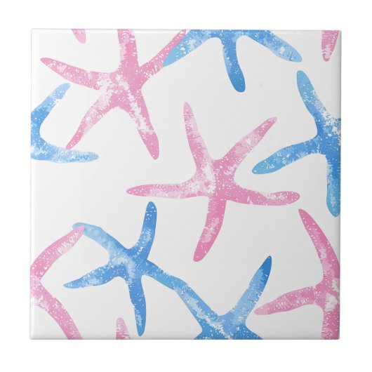 Blauw Roze Zeester Modern kustpatroon Tegeltje (Voorkant)