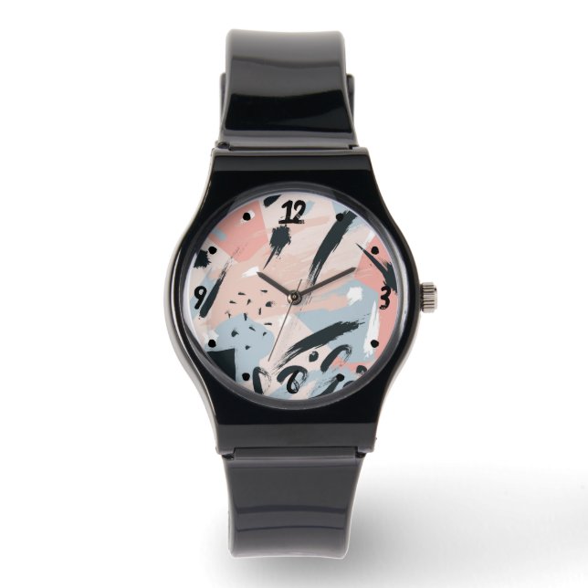 Blauw Roze Zwart Pastel Abstractie Horloge (Voorkant)