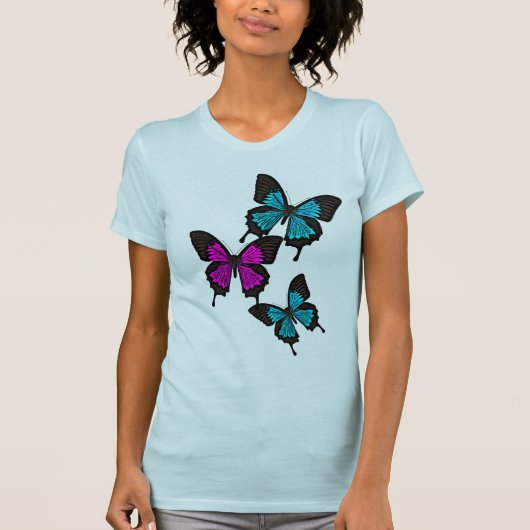 Blauw/roze/zwarte vlinder/vlinder/voor/achter t-shirt (Voorkant)