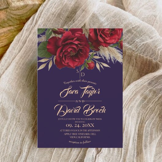 Blauw & Rozen Bloemige Moderne Boho Bruiloft Kaart