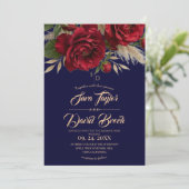 Blauw & Rozen Bloemige Moderne Boho Bruiloft Kaart (Staand voorkant)