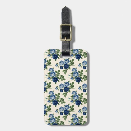 Blauw Rozen Bloempatroon Bagagelabel (Voorkant verticaal)