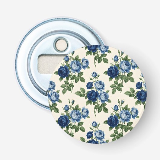 Blauw Rozen Bloempatroon Button Flesopener (Voorkant)