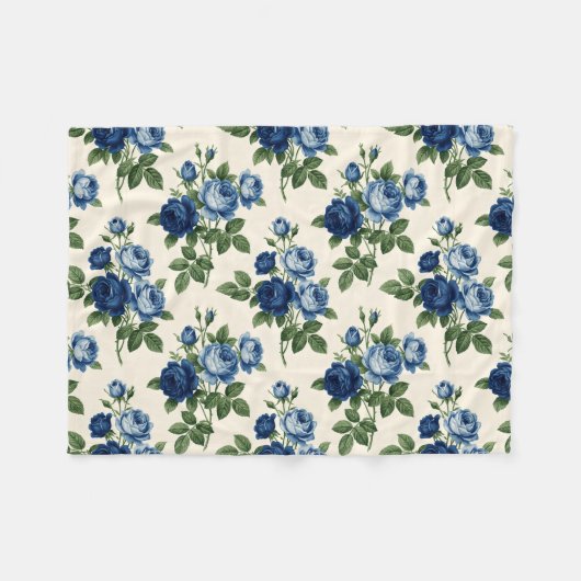 Blauw Rozen Bloempatroon Fleece Deken (Voorkant (Horizontaal))