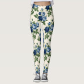 Blauw Rozen Bloempatroon Leggings (Voorkant)