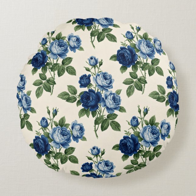 Blauw Rozen Bloempatroon Rond Kussen (Voorkant)