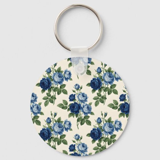 Blauw Rozen Bloempatroon Sleutelhanger (Voorkant)