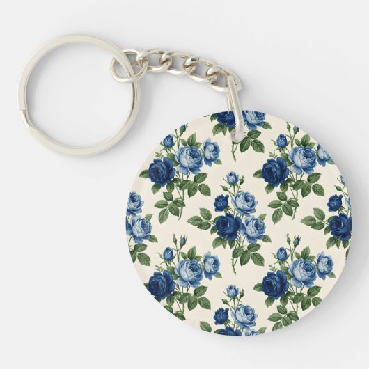 Blauw Rozen Bloempatroon Sleutelhanger (Voorkant)