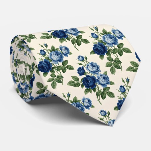 Blauw Rozen Bloempatroon Stropdas (Opgerold)