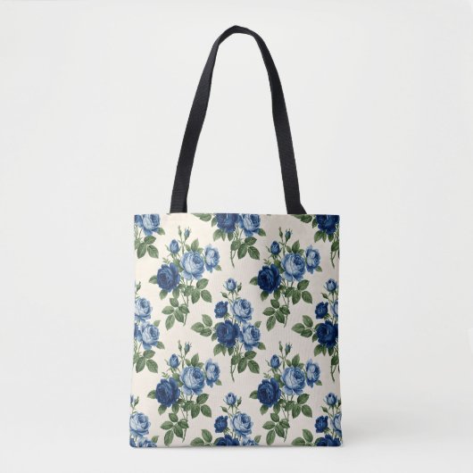 Blauw Rozen Bloempatroon Tote Bag (Voorkant)