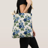 Blauw Rozen Bloempatroon Tote Bag (Dichtbij)