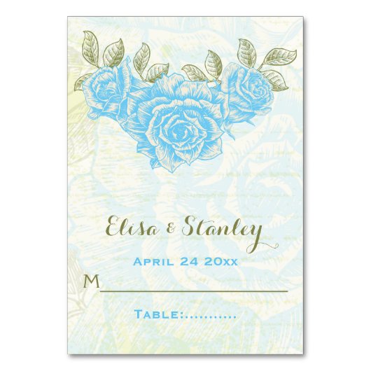  blauw rozen bruiloft gevouwen escort kaart (Voorkant)
