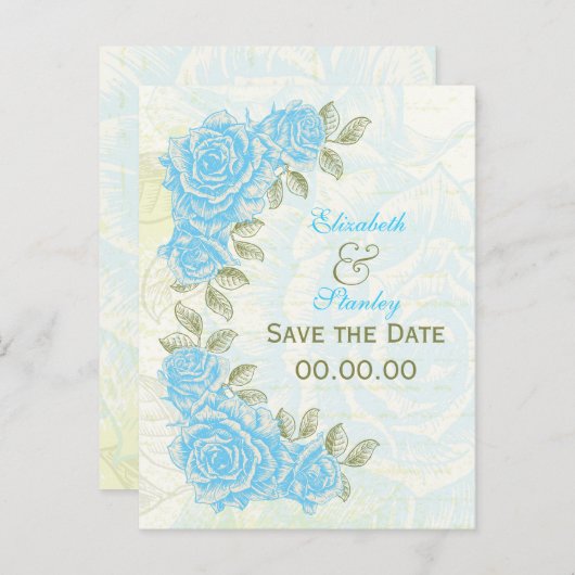 blauw rozen bruiloft Save the Date briefkaart (Voorkant / Achterkant)