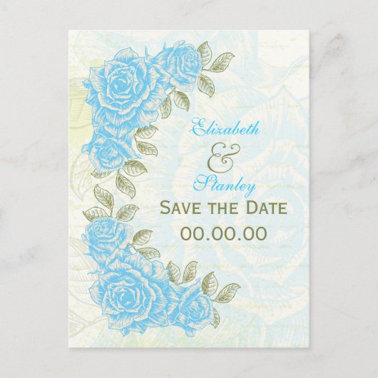blauw rozen bruiloft Save the Date briefkaart (Voorkant)