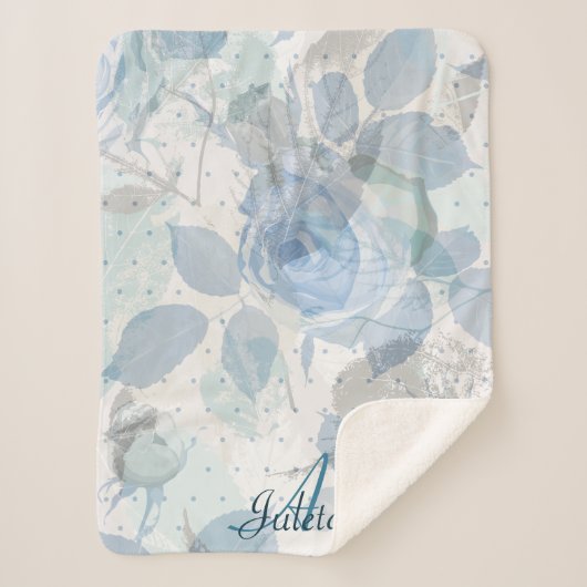 Blauw Rozen patroon Monogram Sherpa Deken (Voorkant)