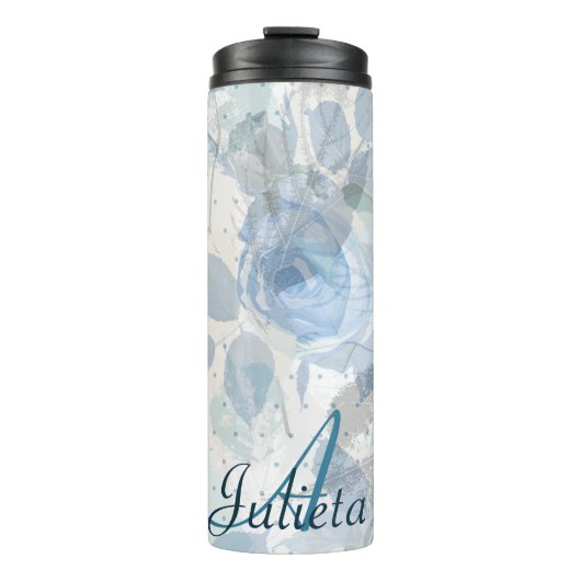Blauw Rozen patroon Monogram Thermosbeker (Voorkant)