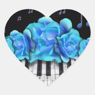 Blauw Rozen Pianotoetsenbord en Muzieknoten Hart Sticker