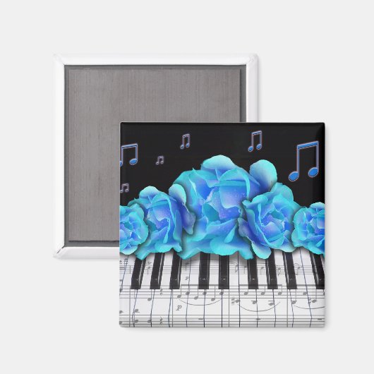Blauw Rozen Pianotoetsenbord en Muzieknoten Magneet (Voorkant / Achterkant)
