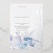 Blauw Rozen Vrijgezellenfeest Brunch & Bubbly Silv Folie Uitnodiging (Voorkant)