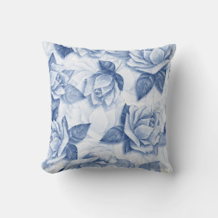 Blauw Rozen Waterverf - Elegante Bloemendecoratie Kussen