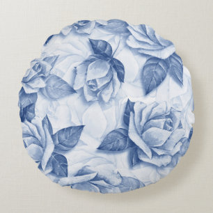 Blauw Rozen Waterverf - Elegante Bloemendecoratie Rond Kussen