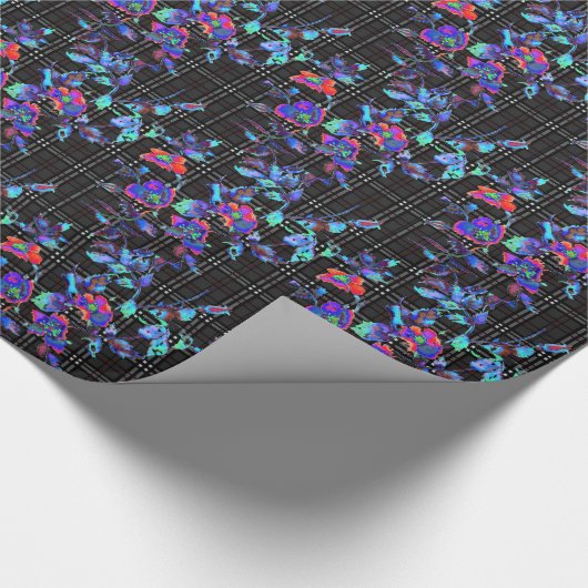 blauw rozen Zwart wit geruite achtergrond Cadeaupapier (Hoek)