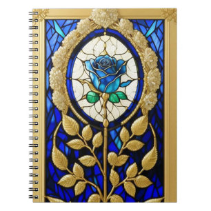 Blauw Rozenontwerp in Glas in Lood Notitieboek