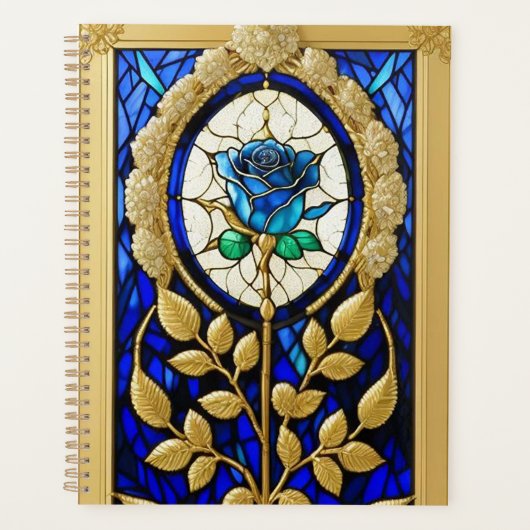Blauw Rozenontwerp in Glas-in-Lood Planner (Voorkant)