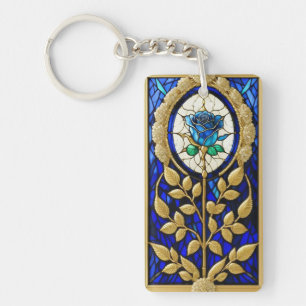 Blauw Rozenontwerp in Glas in Lood Sleutelhanger