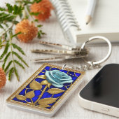 Blauw Rozenontwerp in Glas in Lood Sleutelhanger (Voorkant Rechts)