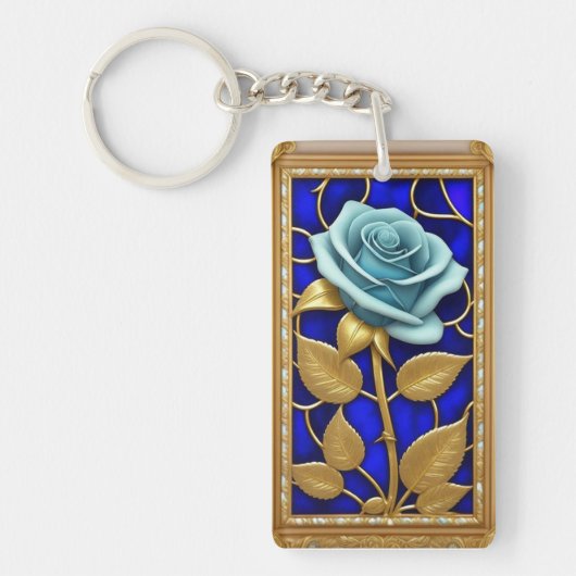 Blauw Rozenontwerp in Glas in Lood Sleutelhanger (Voorkant)