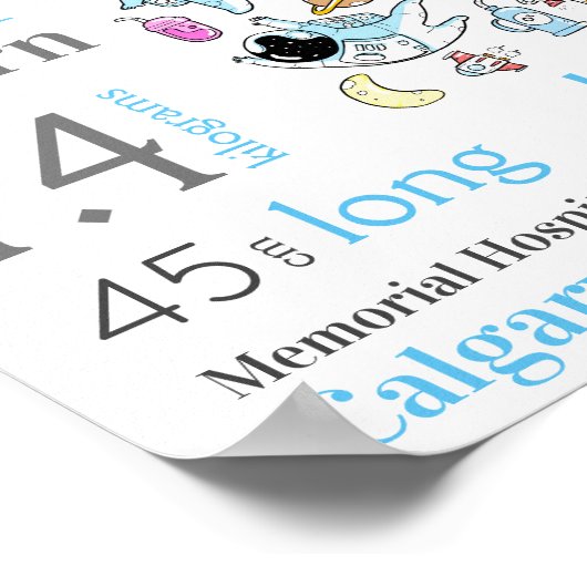 Blauw Ruimtekind Nieuwgeboren Geboorte Statistieke Poster (Hoek)