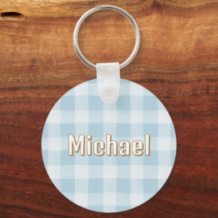 Blauw ruitpatroon jongens schooltaslabel sleutelhanger