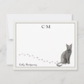 Blauw Russisch Kat Gray Border Monogram en naam Notitiekaartje (Voorkant)