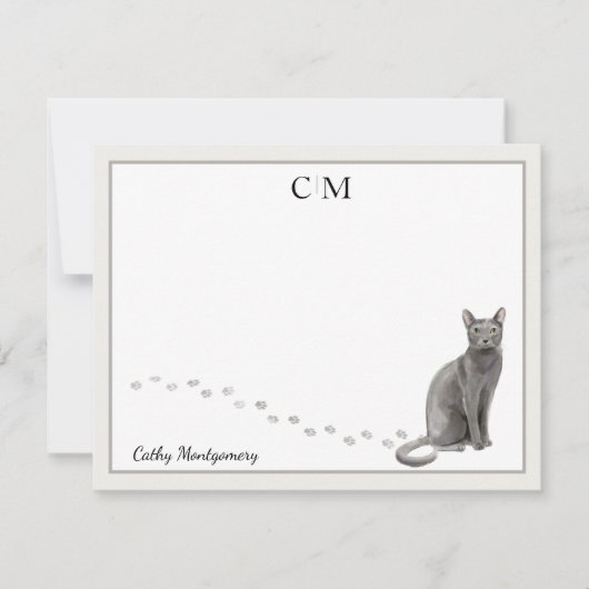 Blauw Russisch Kat Gray Border Monogram en naam Notitiekaartje (Voorkant)