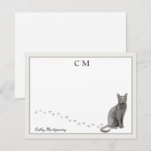 Blauw Russisch Kat Gray Border Monogram en naam Notitiekaartje (Voorkant / Achterkant)