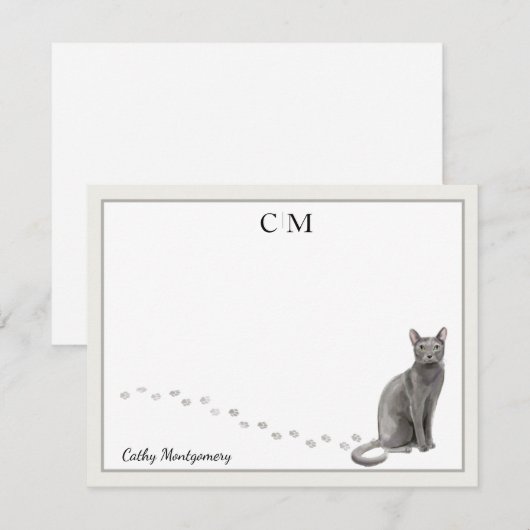 Blauw Russisch Kat Gray Border Monogram en naam Notitiekaartje (Voorkant / Achterkant)