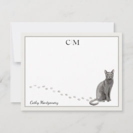 Blauw Russisch Kat Gray Border Monogram en naam Notitiekaartje