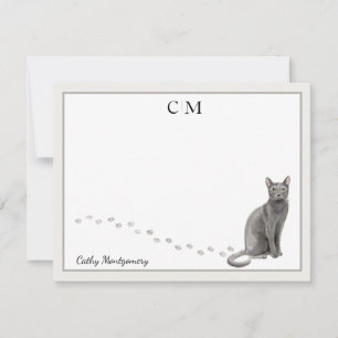 Blauw Russisch Kat Gray Border Monogram en naam Notitiekaartje
