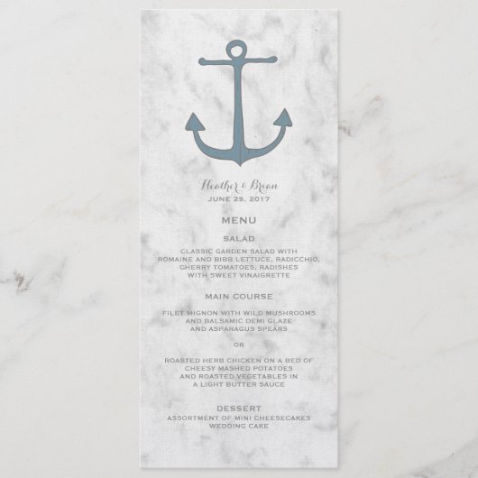 Blauw Rustiek Anker Trouwmenu Menu (Voorkant)