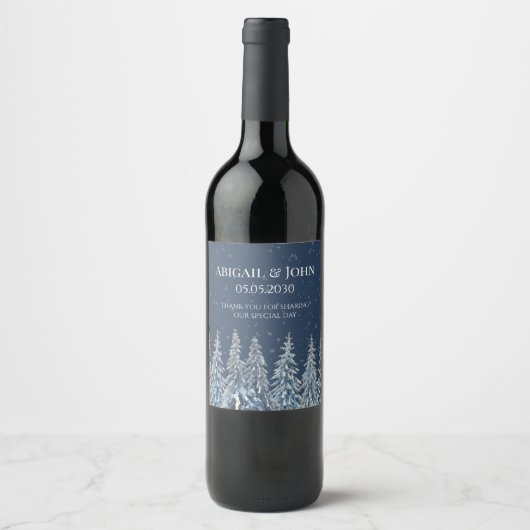 Blauw rustiek besneeuwd nacht bos bruiloft wijnlab wijn etiket (Voorkant)