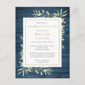 Blauw rustiek blad viering van het leven rouwdiens aankondigingskaart (Voorkant)