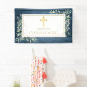 Blauw rustiek bladgoud kruis doop spandoek (Insitu)