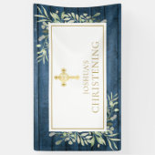 Blauw rustiek bladgoud kruis doop spandoek (Verticaal)