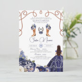 Blauw rustiek bloemendekor Charro-foto Quinceañera Kaart (Staand voorkant)