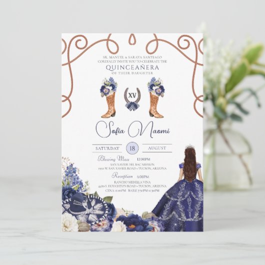 Blauw rustiek bloemendekor Charro-foto Quinceañera Kaart (Staand voorkant)