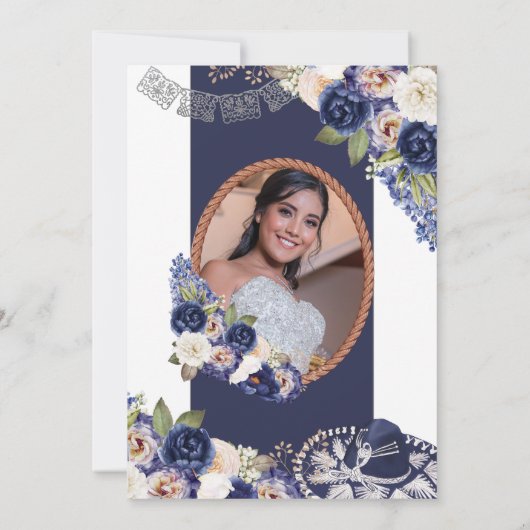 Blauw rustiek bloemendekor Charro-foto Quinceañera Kaart (Achterkant)