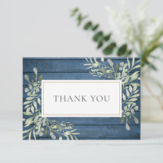 Blauw rustiek groen begrafenis viering van het lev bedankkaart (Staand voorkant)